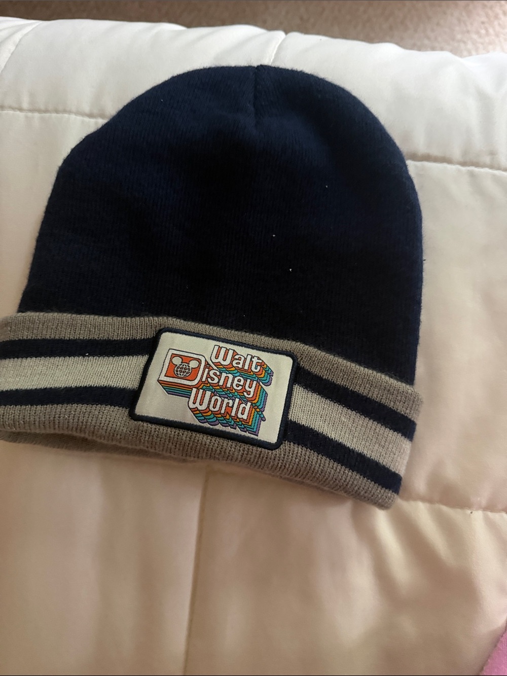 Disney Kids Navy and Gray Stripe Beanie with Walt Disney World Patch
